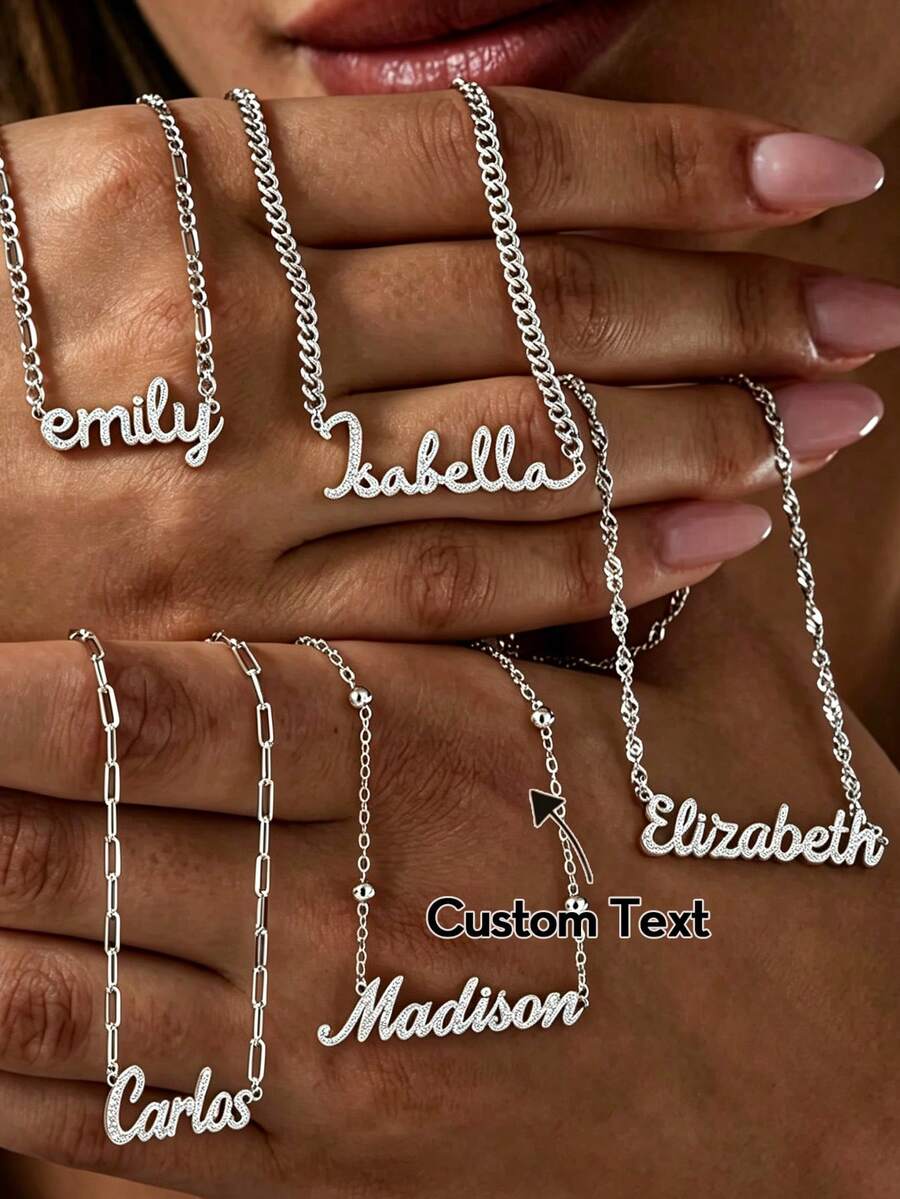 Collar Personalizado con Nombre en Cursiva, Cadena de Clavícula Exquisita de Acero Inoxidable, Regalo para Mujeres - Plata mate (con brillo) - Ver 1