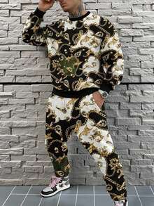 Men's Autumn/Winter Casual Comfortable Vintage Luxury Gold Vine Chain Print Crew Neck Sweatshirt & Sweatpants Set - Multicolor - View 1