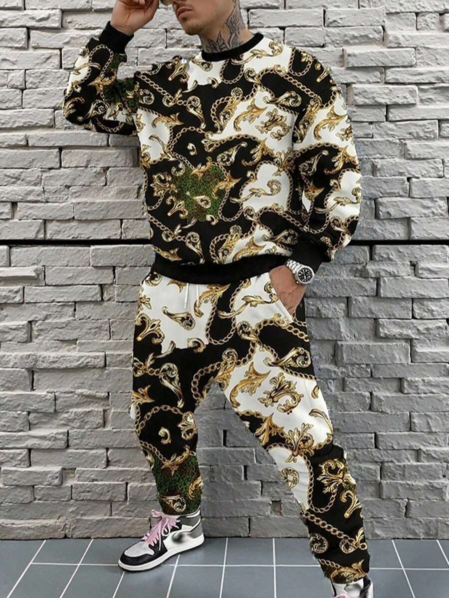 Men's Autumn/Winter Casual Comfortable Vintage Luxury Gold Vine Chain Print Crew Neck Sweatshirt & Sweatpants Set - Multicolor - View 1