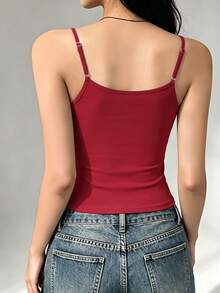 Women's Pure Red Spaghetti Strap Camisole Top With Twisted Front Tie Hem, Fitted Sleeveless Tank For Casual Daily Wear And Dating - Red - View 3