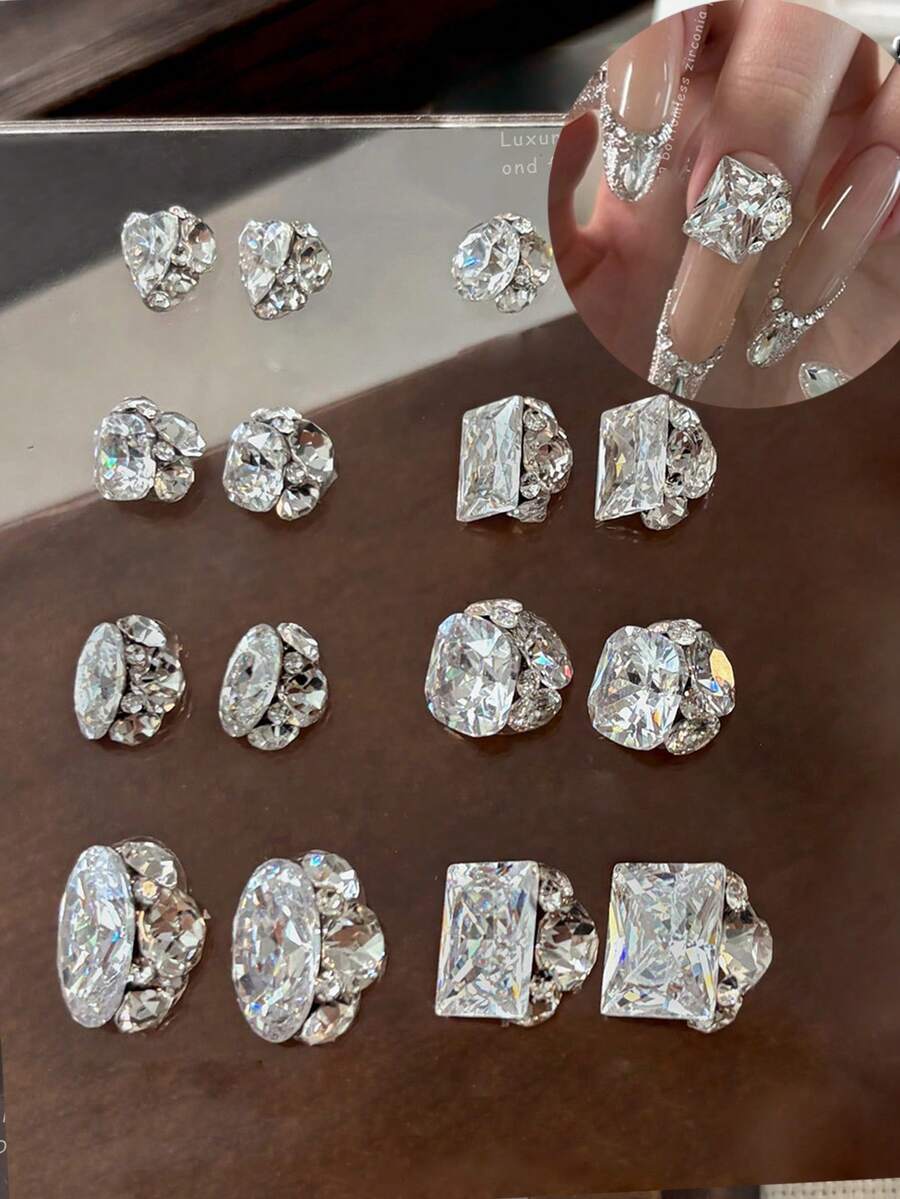 5件組無底座鋯石水鑽美甲飾品,超亮心形、正方形、橢圓形、長方形手工疊層水鑽球美甲裝飾,可穿戴美甲DIY配件,奢華鑽石假指甲 - 彩色 - 查看 1