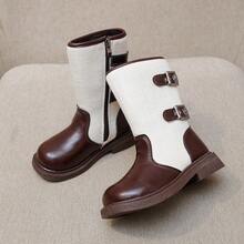 Girls' Vintage Colorblock High-Top Boots, Autumn/Winter British Style Buckle Side Zipper Mid-Calf Leather Boots - Brown - View 5