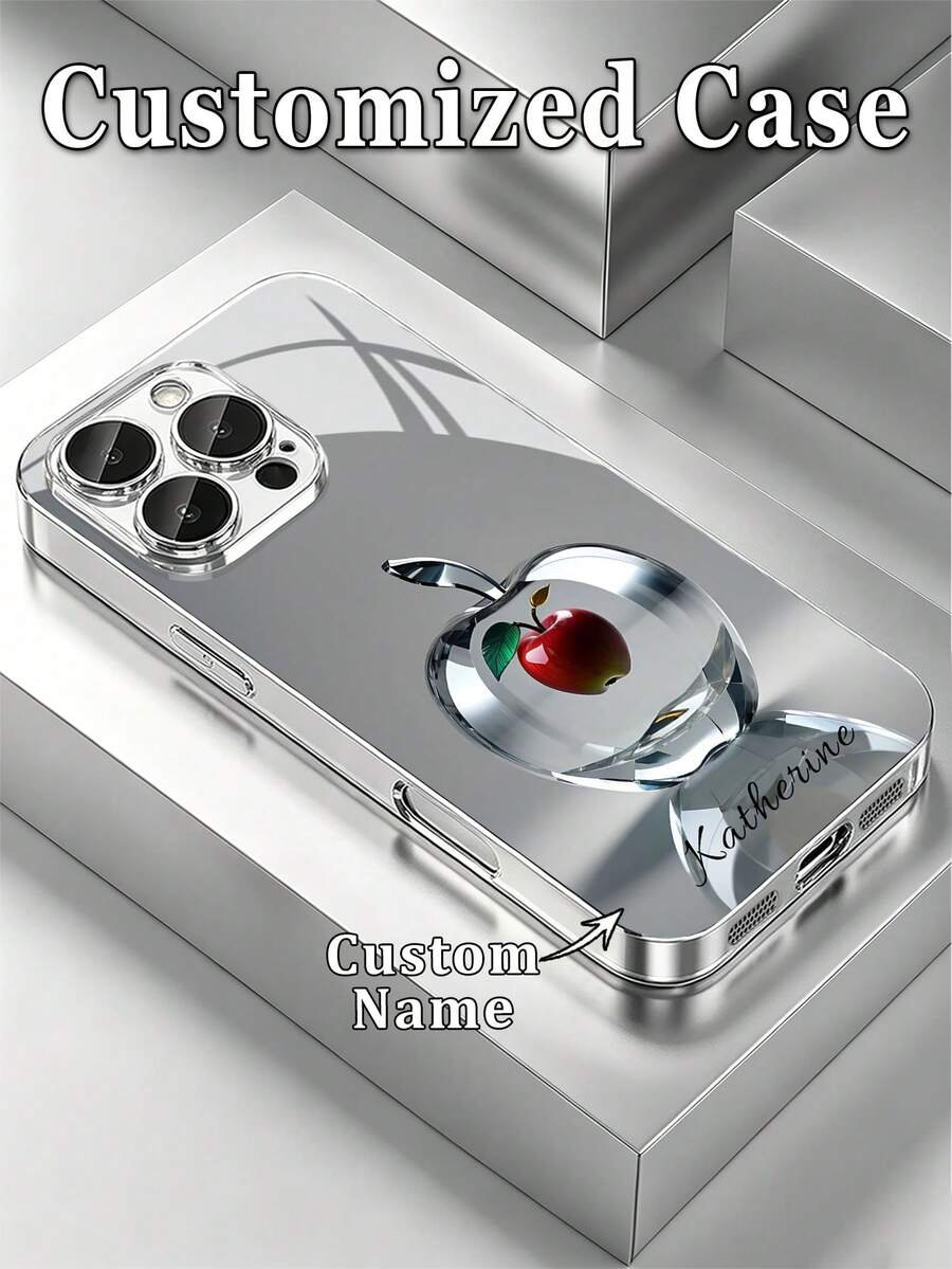 1pc Customized Name Crystal Clear Apple Red Elegant & Luxurious Pattern Electroplated Silver Frame High Definition Glass Phone Case Compatible With Apple Duo/18ProMax/17ProMax/17Air/16ProMax/16e/15Plus/14Pro/13ProMax/12/11/XsMax/8/7/6Plus & S26Ultra/25Plus/24/23/22 & A36/A35/A33/A31/A26/A15/A13/Note20/10Pro & 17ProMax/15/14/13 & Note14Pro/13Pro/11TPro And Other Series Models - Multicolor - View 1