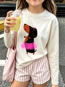 Girls Cute Dachshund Ballet Tutu Graphic Long Sleeve Tee, Casual Crew Neck T-Shirt - Apricot - View 2