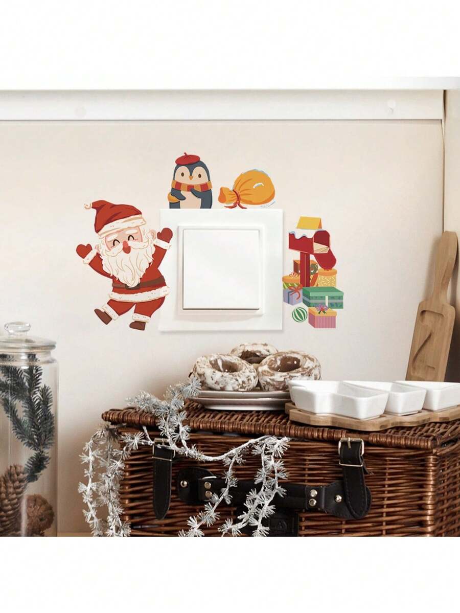 Peeking Santa Claus Penguin Mailbox Gift Box Light Switch Wall Sticker, Cute Cartoon Christmas Socket Decorative Decal, Removable Self-Adhesive Christmas Wall Mural, Suitable For Kitchen Bedroom Switch Panel