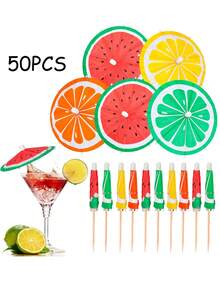 50pcs Fruit Pattern Cocktail Umbrella Picks, Party Cupcake Toppers, Fruit Toothpicks For Festive Celebrations, Every Celebration, Birthdays, Weddings And Beach, Tropical Themed Party Decorations, Kitchen Supplies. - Multicolor - View 1