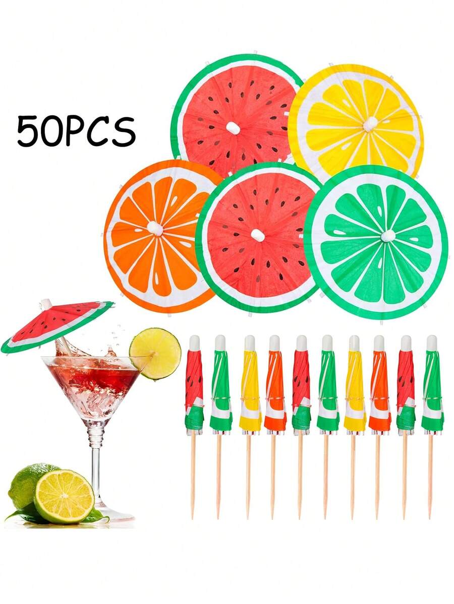 50pcs Fruit Pattern Cocktail Umbrella Picks, Party Cupcake Toppers, Fruit Toothpicks For Festive Celebrations, Every Celebration, Birthdays, Weddings And Beach, Tropical Themed Party Decorations, Kitchen Supplies. - Multicolor - View 1