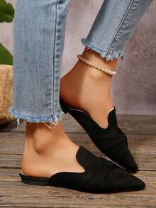 Black Pointed Toe Half-Back Mule Shoes Women's Flat Loafers With Integrated Flower Bow Design, Suede Leather, Spring/Autumn, Elegant Versatile Closed Toe No Back Design Flat Shoes - Black - View 5