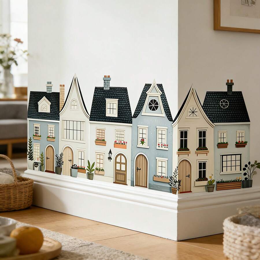 1/3/5pcs European Village House Baseboard Wall Stickers, Peel And Stick Skirting Line Decal For Living Room Hallway Staircase Aesthetic Home Corner Wall Art Decor - Wall Stickers - View 1