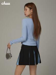 CHUU Letter Embroidered Long Sleeve T-Shirt Women Autumn Ruffle Trim Patchwork Cropped Tie Waist Top - Blue - View 4