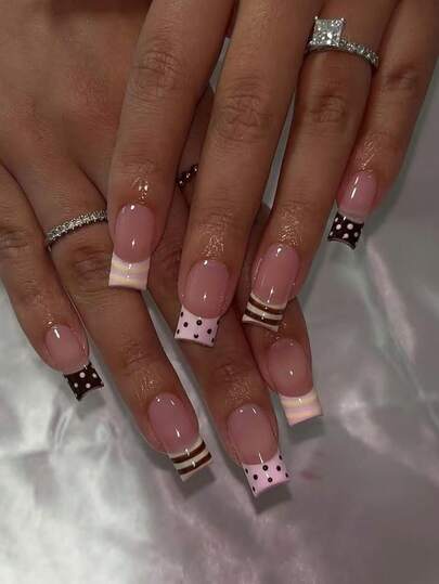 24pcs Long Coffin Press-On Nails, Pink And Brown Nails With Polka Dot And Stripe Pattern Design, Acrylic Material, Includes 1pc Jelly Glue And 1pc Nail File