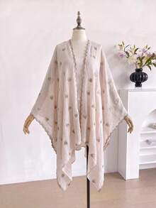 1pc Minimalist Heart Pattern Embroidered Split Shawl Kimono Sarong, Bohemian Style Spring/Summer Beach Vacation Sun Protection Cover-Up Cardigan, Suitable For Daily Wear, Perfect Gift Choice - Beige - View 2