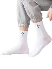 5/10 Pasang Kaos Kaki Cross Kasual Modis Serbaguna Olahraga Setengah Betis - Hitam dan Putih - View 2