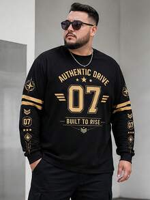 Plus Size Men's Raglan Sleeve Crew Neck T-Shirt With Digital Print Pattern, Long Sleeve, Machine Washable, Suitable For All Seasons - Black - View 1