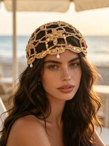 1 Stück Boho Häkel-Netz-Kopfkappe mit Pailletten-Perlen-Quasten, Damen gestrickte Blumen-Haarabdeckung, Vintage Bohemian Strandurlaub elegantes Haaraccessoire - Verschiedenfarbig - Übersicht 3