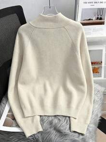 Women Cream Ribbed Knit Zip Collar Plus Size Drop Shoulder Long Sleeve Casual Y2K Sweater, Back To School Halloween Fall Winter - Off White - View 2
