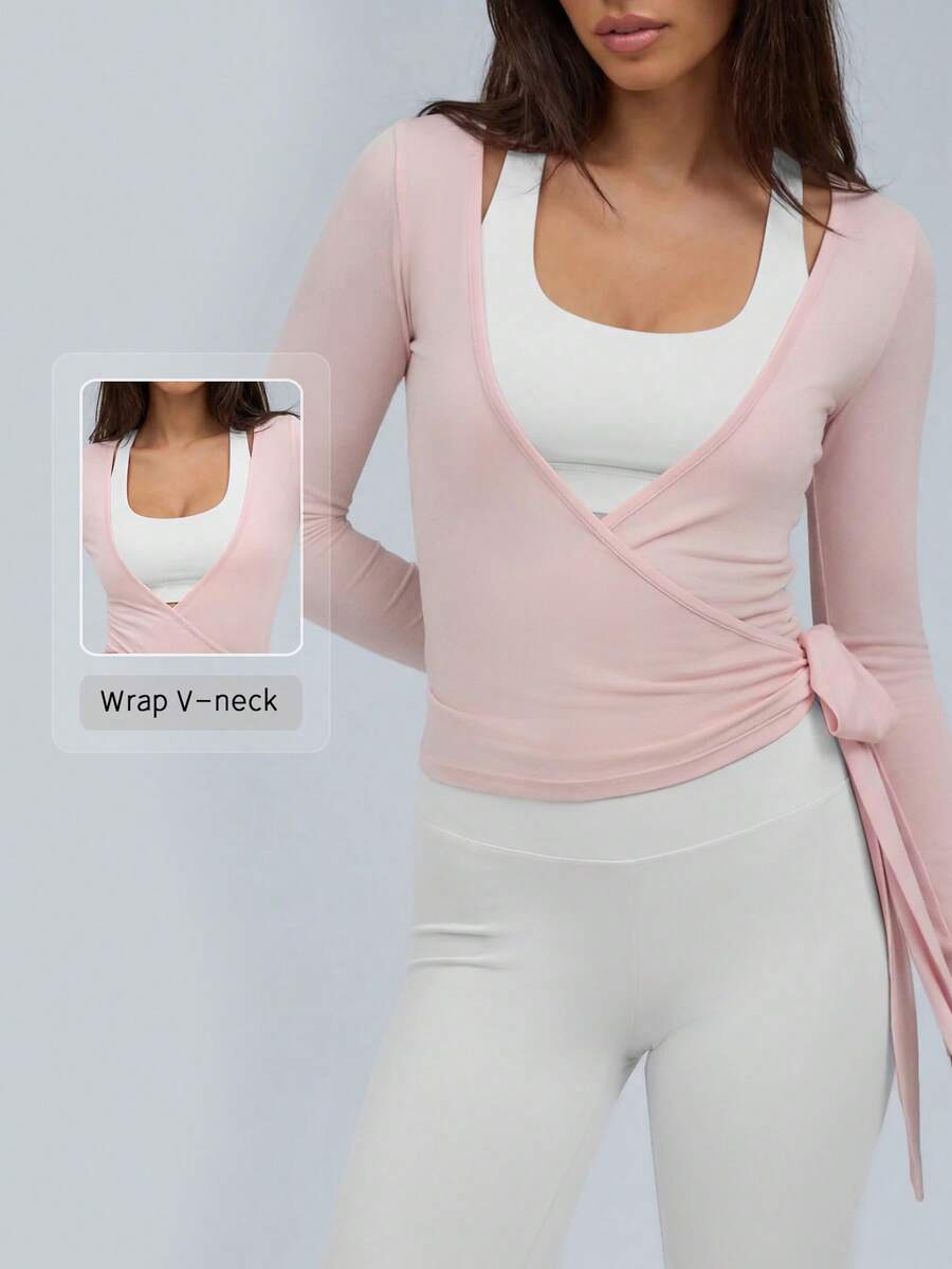 NcmRyu Women's 1pc Solid Color Wrap Cross V-Neck Side Long Tie Knot Fitted Long Sleeve Cover-Up - Pink - View 1