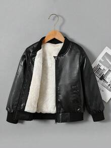 Toddler Black Zipper Collar Ribbed Cuff Street Cool Multi-Function Motorcycle PU Leather Loose Jacket - Black - View 3