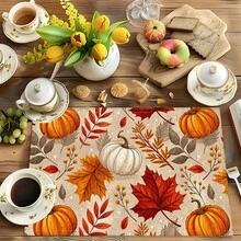 1pc/4pcs/6pcs Pumpkin Pattern Printed Linen Placemats, Rectangular Table Mats, Washable, Easy To Clean, Plate Mats, Bowl Mats, Western Style Dining Mats, Suitable For Kitchen, Dining Room, Home Gatherings, Coffee Table And Daily Table Decor - Multicolor - View 5