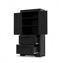 Rustic Kitchen Cabinet With 2 Drawers And Adjustable Shelves, Side Cabinet With Barn Door Design - 黑色 - 查看 3