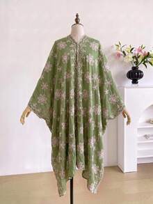 1件優雅花卉刺繡開襟披肩女款和服/圍裙，春夏波希米亞風外套，海灘度假防曬裝飾刺繡開襟衫，適合日常搭配，完美禮物選擇 - 綠色 - 查看 4