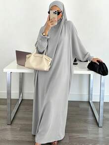 Solid Color Loose One-Piece Hijab Long Robe, Elastic Ribbed Cuffs Wide Sleeve Elegant Jilbab Robe, Muslim Women Daily Prayer Casual Outfit - Multicolor - View 12