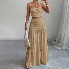 Women's Two Pieces Outing Outfit, Strapless Ruched Cropped Top And High-Waist Long Skirt Set Elegant Summer - Khaki - View 6