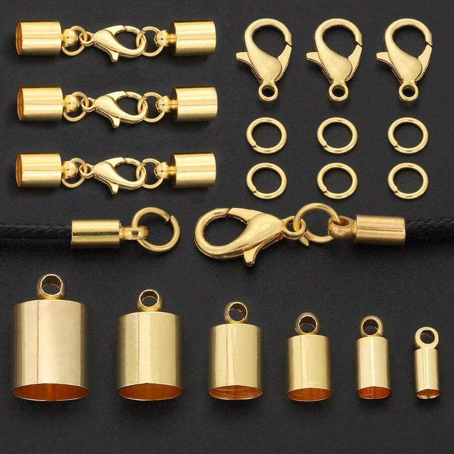 100pcs Golden DIY Connector Making Parts Including Lobster Clasp + Closed Jump Rings + Multiple Sizes Smooth Pendant Connectors Suitable For Handmade Weaving DIY Necklace, Anklet, Bracelet, Round Single Loop, Pendant Connector, Bag Chain Connector Ring, Beaded Accessories And Other Jewelry Making Materials DIY Jewelry Making Parts - Accessory Set - View 1