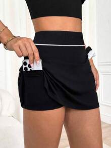 Women's Sports Skirt With Built-In Safety Shorts, Pockets, Multi-Pocket Wide Elastic Waistband Design, Breathable Material, Suitable For Badminton, Tennis, Yoga, Running And Marathon Sports Occasions.[Directional] - Black - View 5