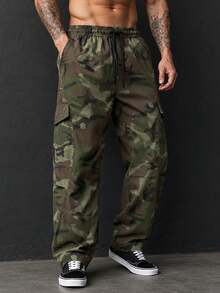 Men's Camouflage Wide Leg Cargo Pants, Drawstring Elastic Waistband Multi-Pocket Loose Streetwear Casual Long Pants, Suitable For Daily Wear - Army Green - View 10