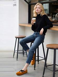 Zapatos Mary Jane de mujer de unicolor estilo preppy con correa cruzada y vamp bajo, punta redonda, zapatos casuales de oficina, para uso diario en todas las estaciones, suela blanda, sin cordones, ligeros, transpirables, cómodos y planos - Naranja Quemada - Ver 3
