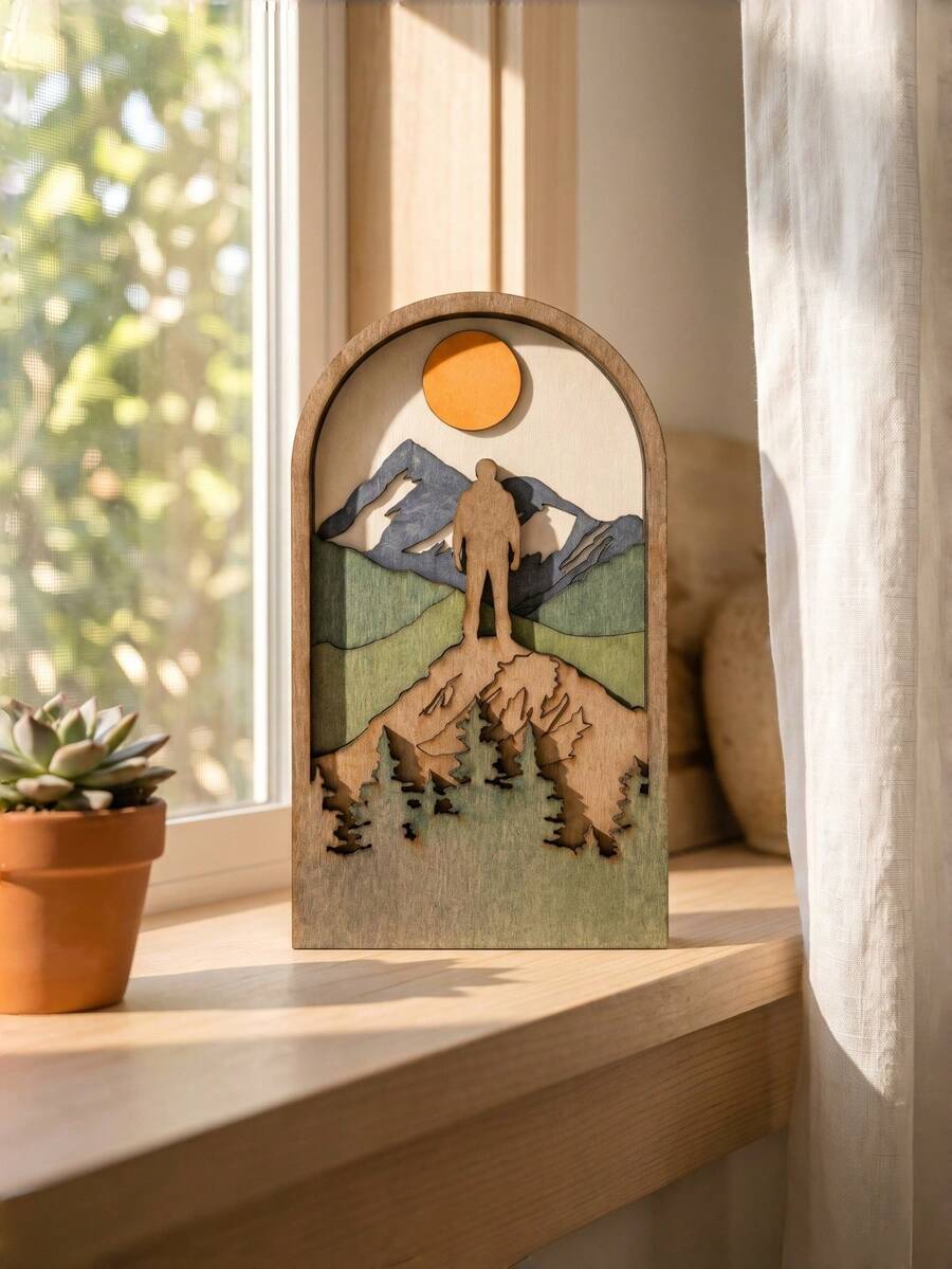 Fengyuan Wooden Arched Landscape Openwork Wooden Piece Set – Hand-Painted, Colour-In, Decorative Handcrafted Wooden Pieces Home Decor Hand Painting Wood Ornament - Arched Landscape Painting Board - View 1