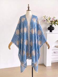 1件女款優雅花卉刺繡開襟和服式圍巾/沙龍披肩，春夏波希米亞風外衣，海灘度假防曬罩衫，裝飾性刺繡開襟衫，適合日常穿著，完美禮物選擇 - 藍色 - 查看 4