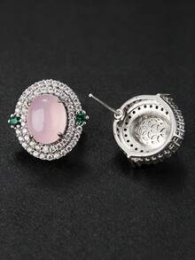 1 Pair New Fresh Cute Sweet Pink Cubic Zirconia Oval Stud Earrings Suitable For Women's Daily Wear - Silver - View 4
