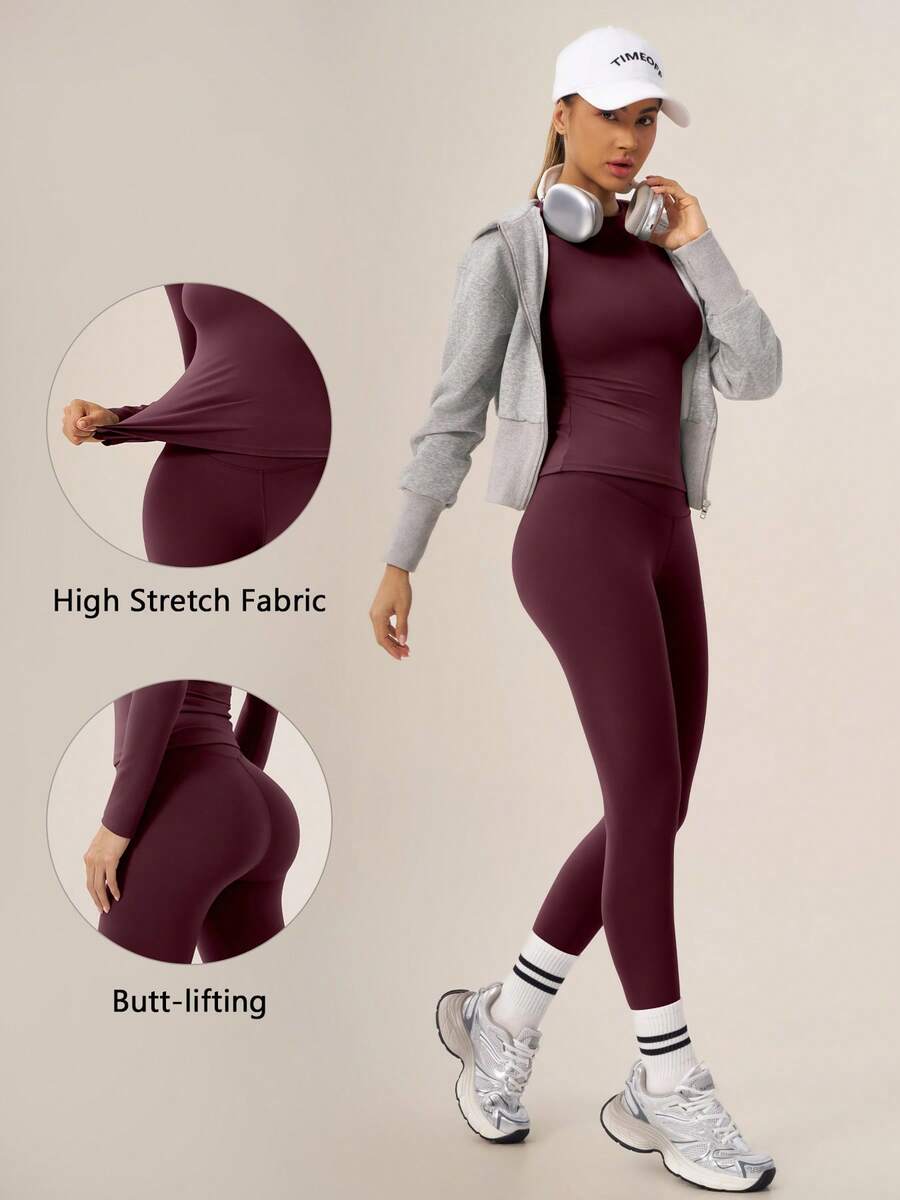 TimeOff Women's One Set Solid Color Round Neck Long Sleeve Slim Fit Leggings Sports Set - Burgundy - View 1