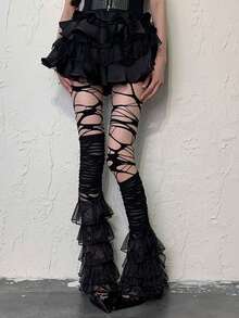 Celana Ketat Wanita Sobek dengan Potongan, Celana Ketat Transparan Hitam Bertekstur untuk Gaya Punk Y2K, Gothic & Streetwear - MultiWarna - View 6