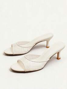 Sexy Lace Mesh Open Toe Round Toe High Heel Slide Sandals For Women, Summer Outdoor Wear, Comfortable - White - View 6