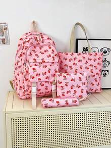 Dedoo 4pcs Backpack Tote Bag Storage Bag Pencil Case Set, All-Over Red Cherry Print, No Pendant Multi-Zipper Compartments, Suitable For Teenage Girls School Daily Summer Travel - Multicolor - View 3