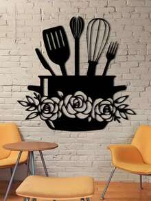 Rustic Black Metal Wall Art With Floral And Tableware Pattern - Easy To Install, Durable Kitchen Decor - Black - View 3