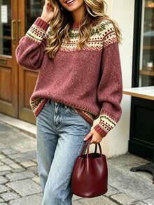 Nuovo maglione a maniche lunghe in lana casual da donna, autunno/inverno - Rosso - Visualizzare 5