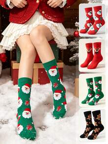 4 Pairs Christmas Theme Cartoon Mid-Calf Socks For Women Red Reindeer Snowman Gingerbread Man Christmas Tree Jacquard Cotton Socks Festive Atmosphere Versatile Celebration New Year Slouch Socks - Multicolor - View 3