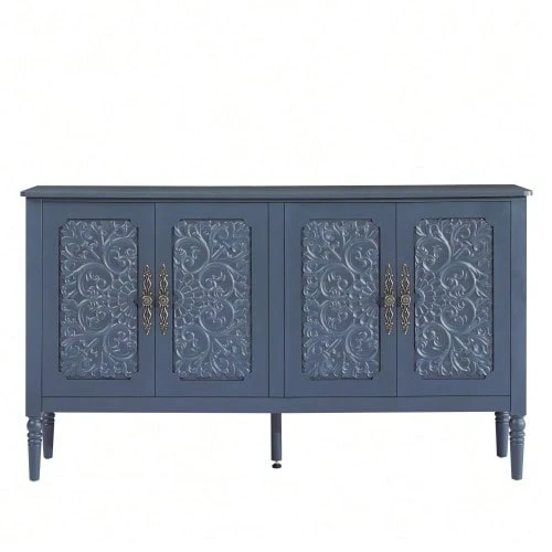 Antique-Style Buffet With Relief Carvings, Large Storage Space And Rounded Corners – Classic Storage Cabinet For Dining Room, Living Room And Entryway (Navy Blue) - 藏蓝色 - 查看 1