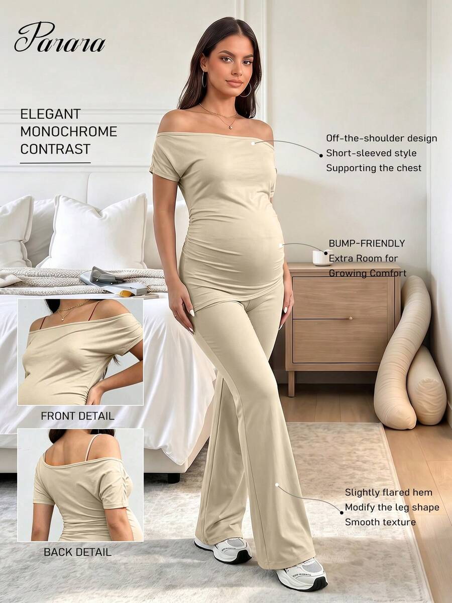 2pcs Maternity Set - Flared Pants & Casual Crop Top, Minimalist Elegant Gray Summer - Khaki - View 1