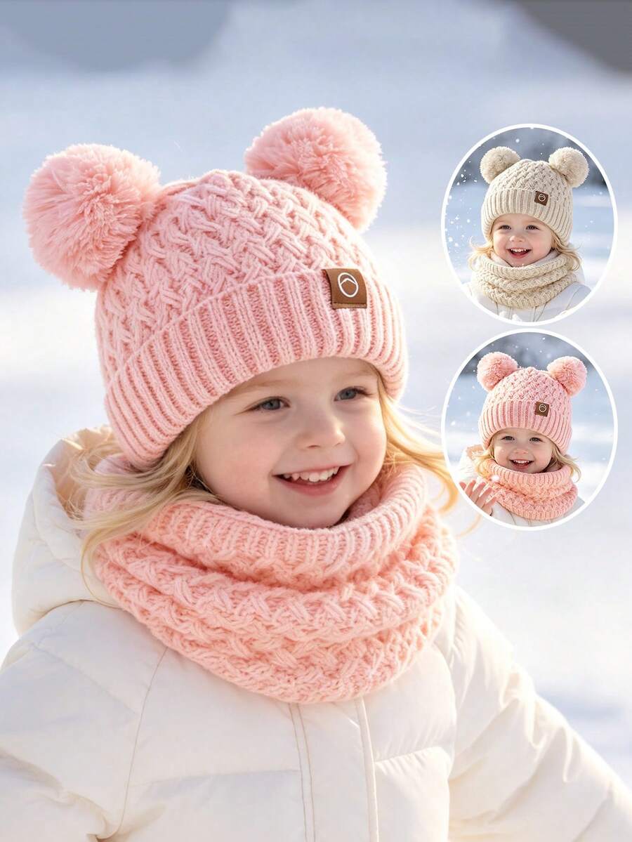 2pcs/Set Soft Cable Knit Children Matching Hat & Neck Warmer Kit, Lovely Pom Pom Bear Ear Set For Kids Outdoor Stroll, Photo Styling & Holiday Gifts - Car Logo - View 1