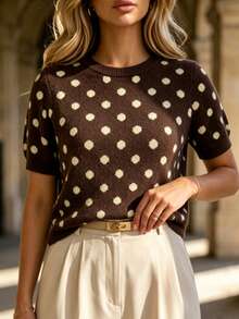 Women's Vintage-Style Brown Polka-Dot Short-Sleeve Knit Pullover; Regular Length, Slightly Stretchy Fabric-Suitable For Autumn Outfits. - Brown - View 3