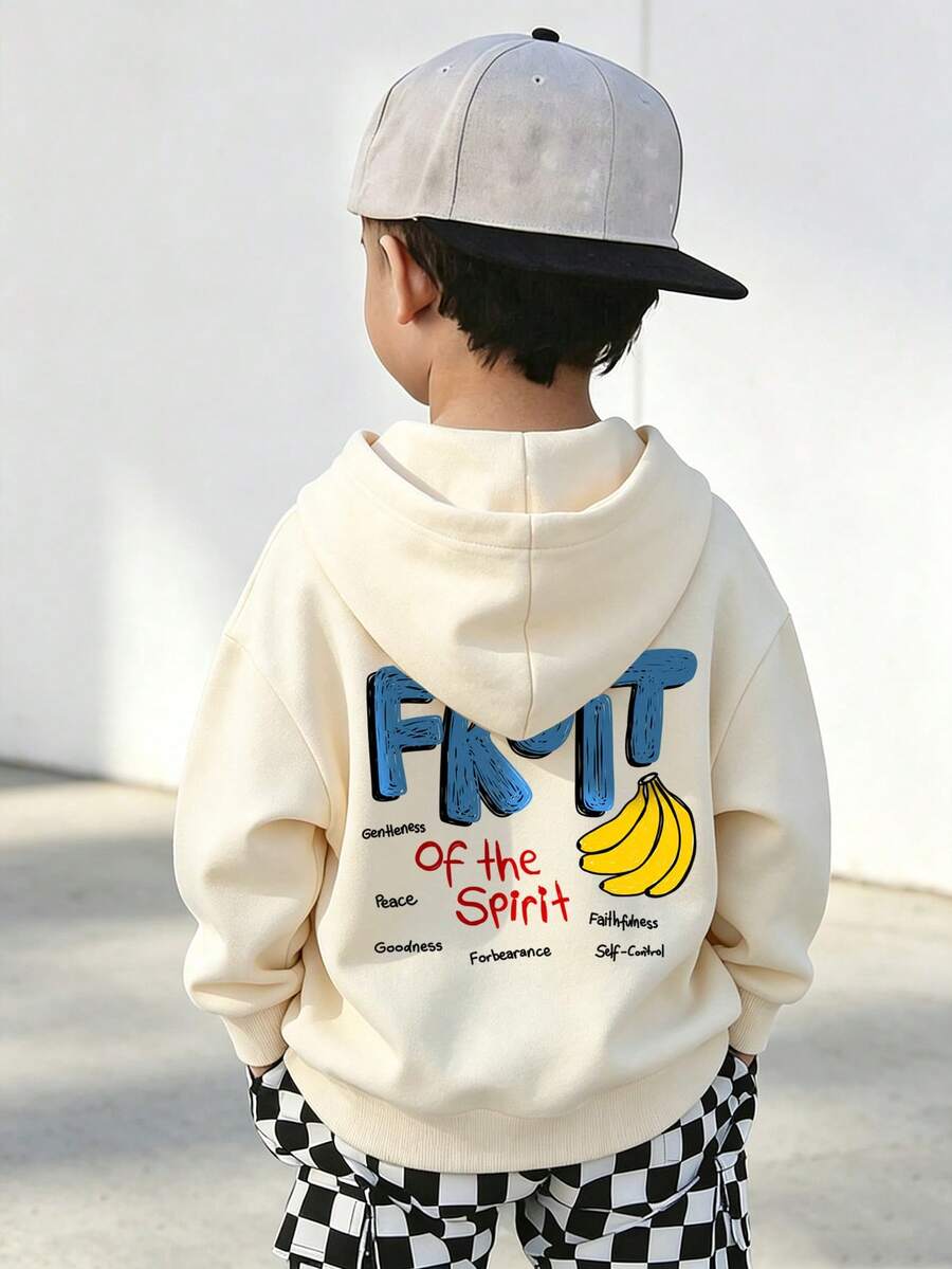 Boys Banana & FRUIT Letter Back Print Hoodie, Casual Loose Pullover - Apricot - View 1