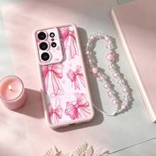 1pc Pink TPU Shockproof Protective Phone Case With Bow Pattern, Detachable Hand Strap And Bracelet Accessory, Perfect For Girls' Daily Use, Compatible With Galaxy S26/Galaxy A17/A57/ Y17S/ A3X And Honor 200/ And Other Android Series - Pink - View 4