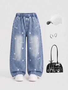 Celana Jeans Denim Lurus Kasual Lucu untuk Anak Perempuan, Cocok untuk Semua Musim, dengan Bordir Hati dan Huruf, Saku Palsu, dan Potongan Lurus. - Biru - View 5