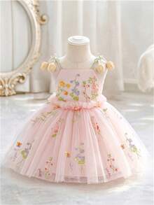 Baby Girl 3D Floral Decor Cami Dress, Suitable For Birthday, Flower Girl, Wedding, Halloween Occasions - Baby Pink - View 1
