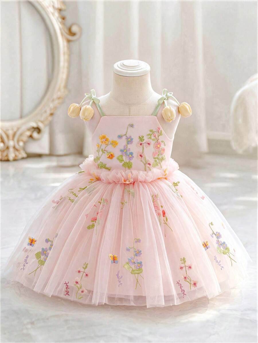 Baby Girl 3D Floral Decor Cami Dress, Suitable For Birthday, Flower Girl, Wedding, Halloween Occasions - Baby Pink - View 1